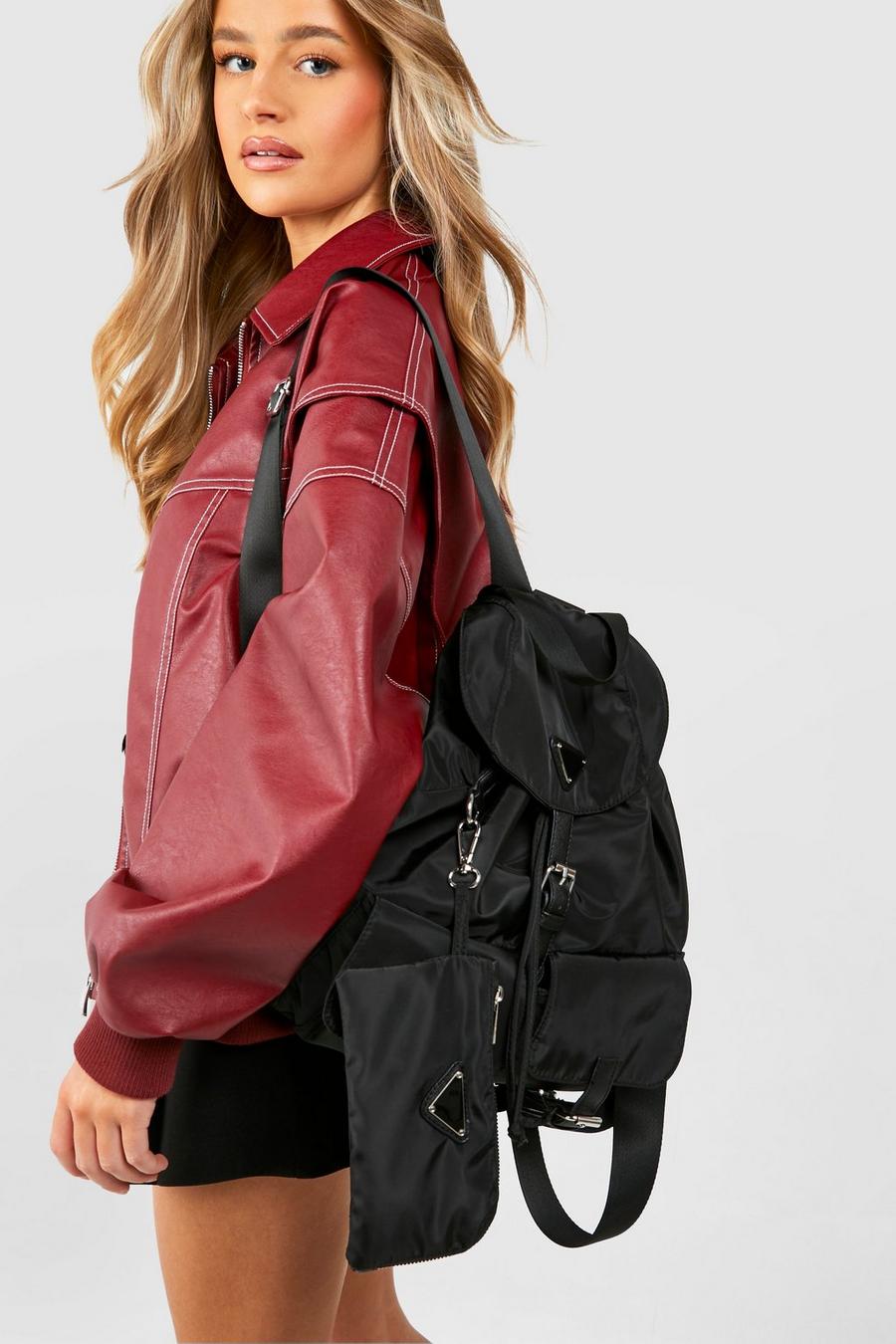Black Double Pocket Nylon Rucksack Bag