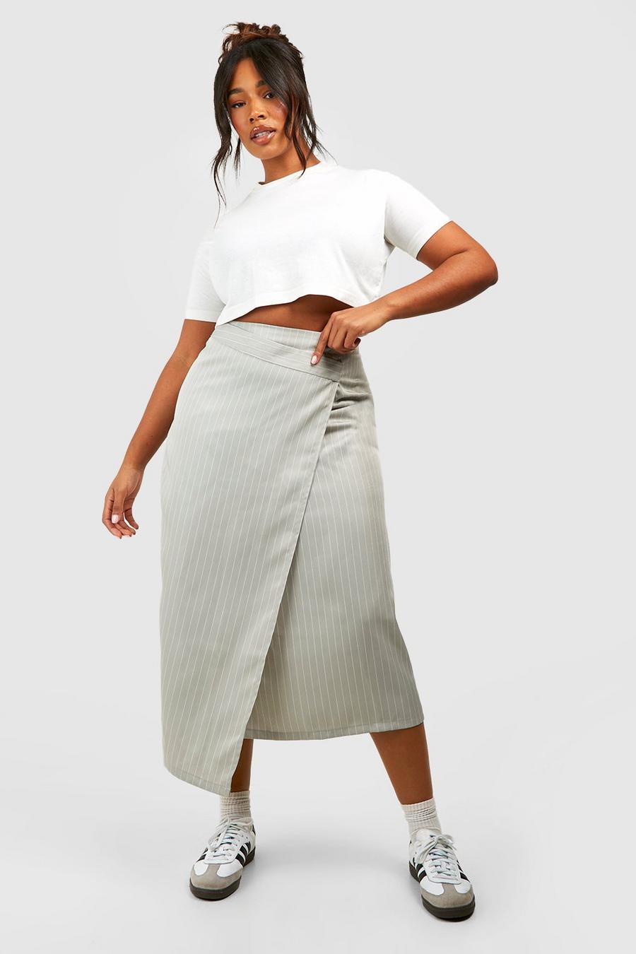 Grey Plus Woven Pinstripe Wrap Midi Skirt