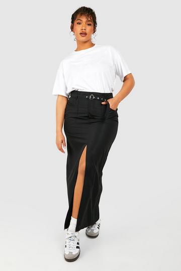 Black Plus Woven Eyelet Belted Maxi Skirt