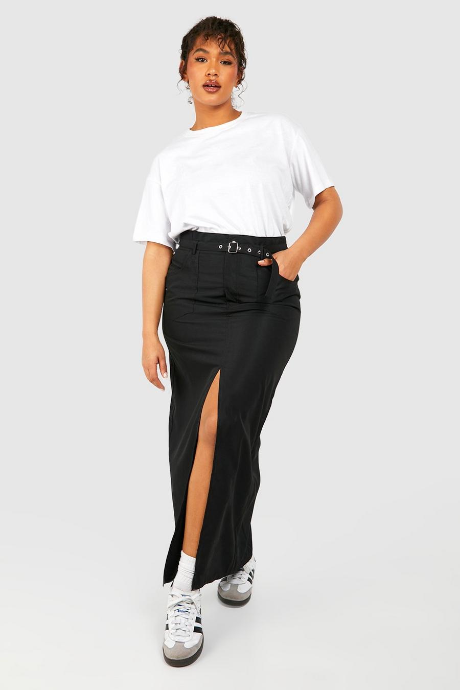 Black Plus Woven Eyelet Belted Maxi Skirt image number 1