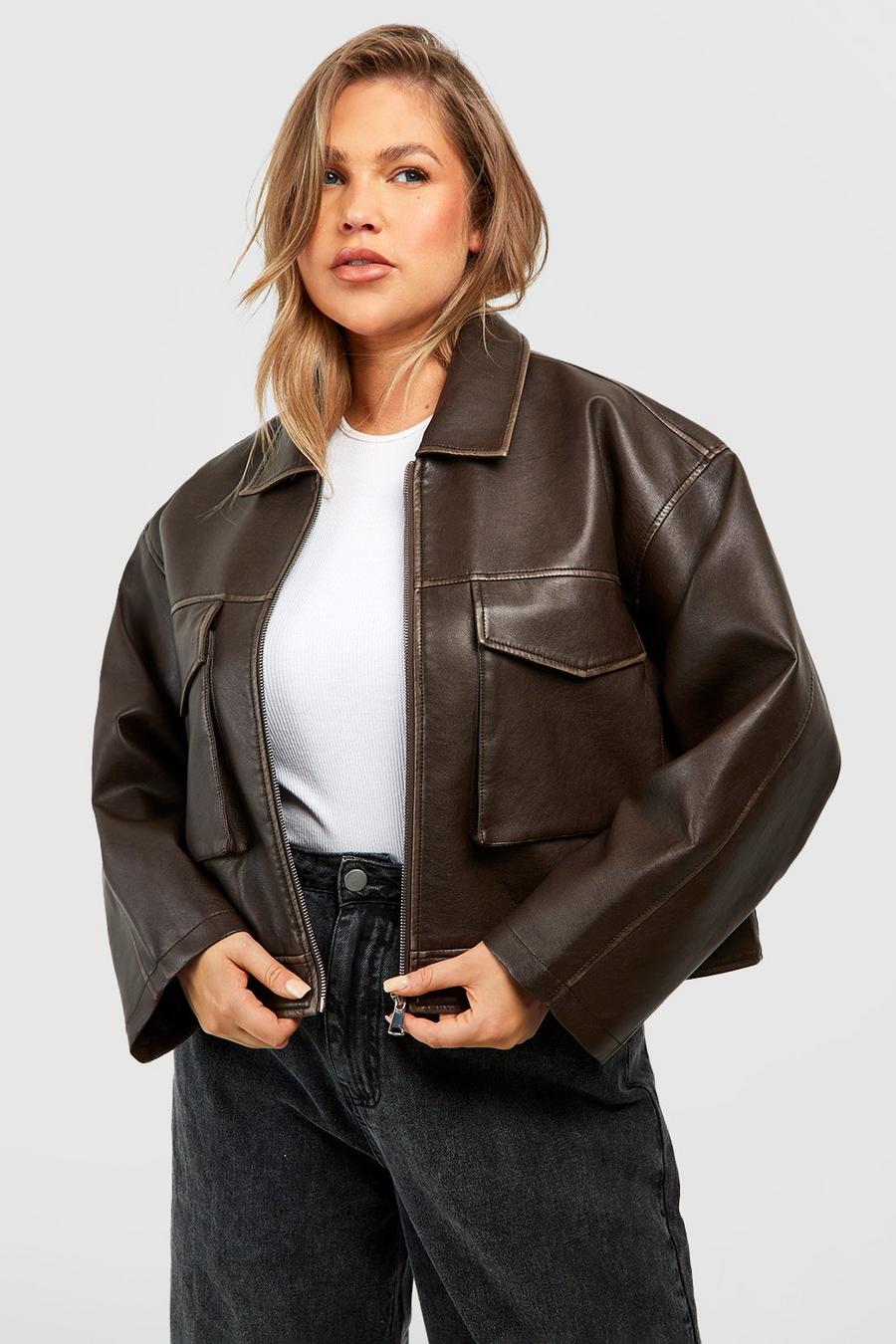 Chocolate brun Plus Vintage Look Faux Leather Pocket Detail Jacket 