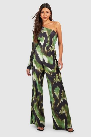 Printed Plisse One Shoulder Jumpsuit black