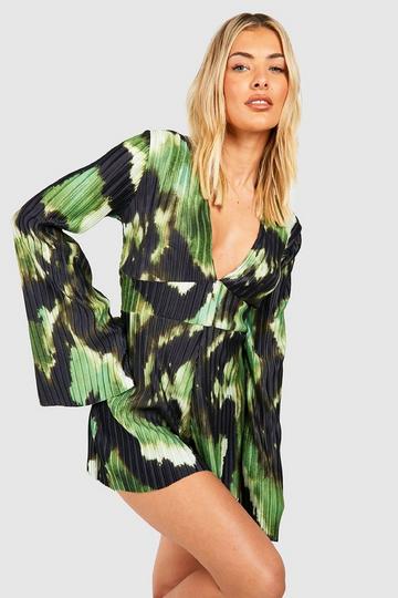 Printed Plisse Flare Sleeve Playsuit black