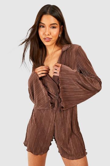 Plisse Collar Wrap Flare Sleeve Playsuit chocolate