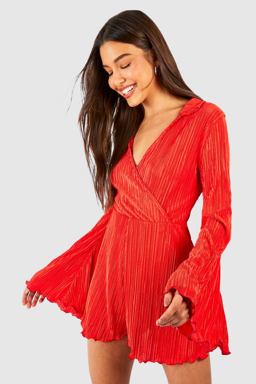Red Plisse Collar Wrap Flare Sleeve Playsuit image number 1