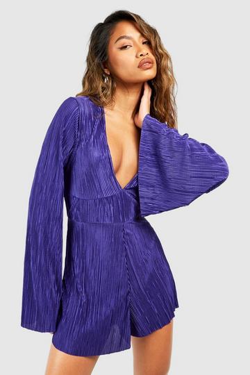 Plisse Flare Sleeve Romper plum