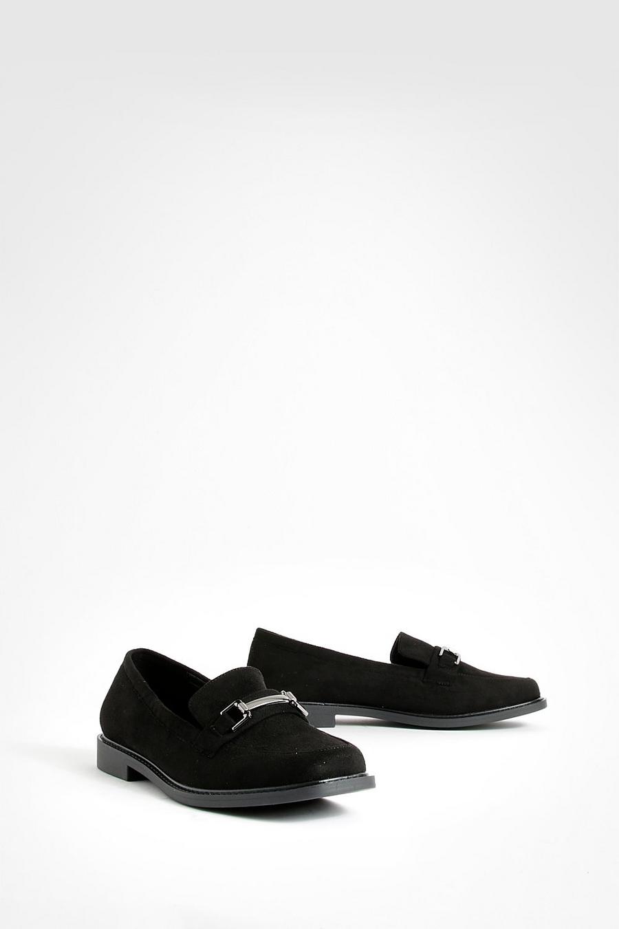 Black Wide Width T Bar Square Toe Loafers