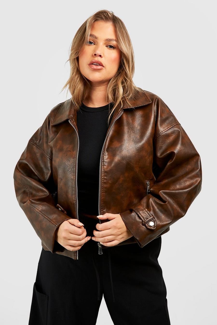 Giacca Plus Size in pelle sintetica effetto vintage, Chocolate