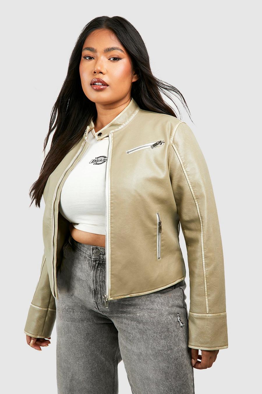 Beige Plus Fitted Moto Vintage Look Faux Leather Jacket  image number 1