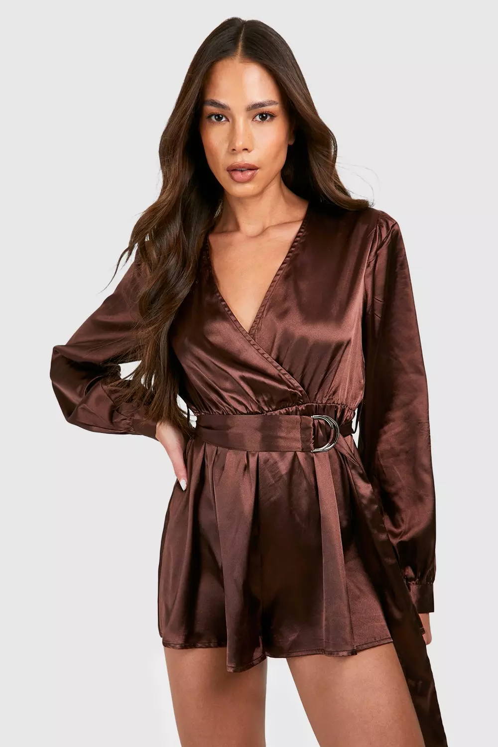 Chocolate Satin Wrap Playsuit alternative image