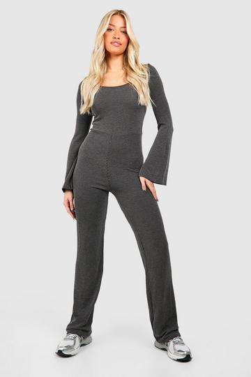 Black Washed Rib Flare Sleeve Wide Leg Jumpsuit