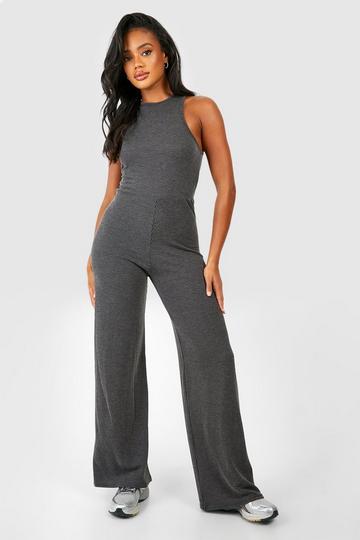 Black Washed Rib Racer Wide Leg Jumpsuit