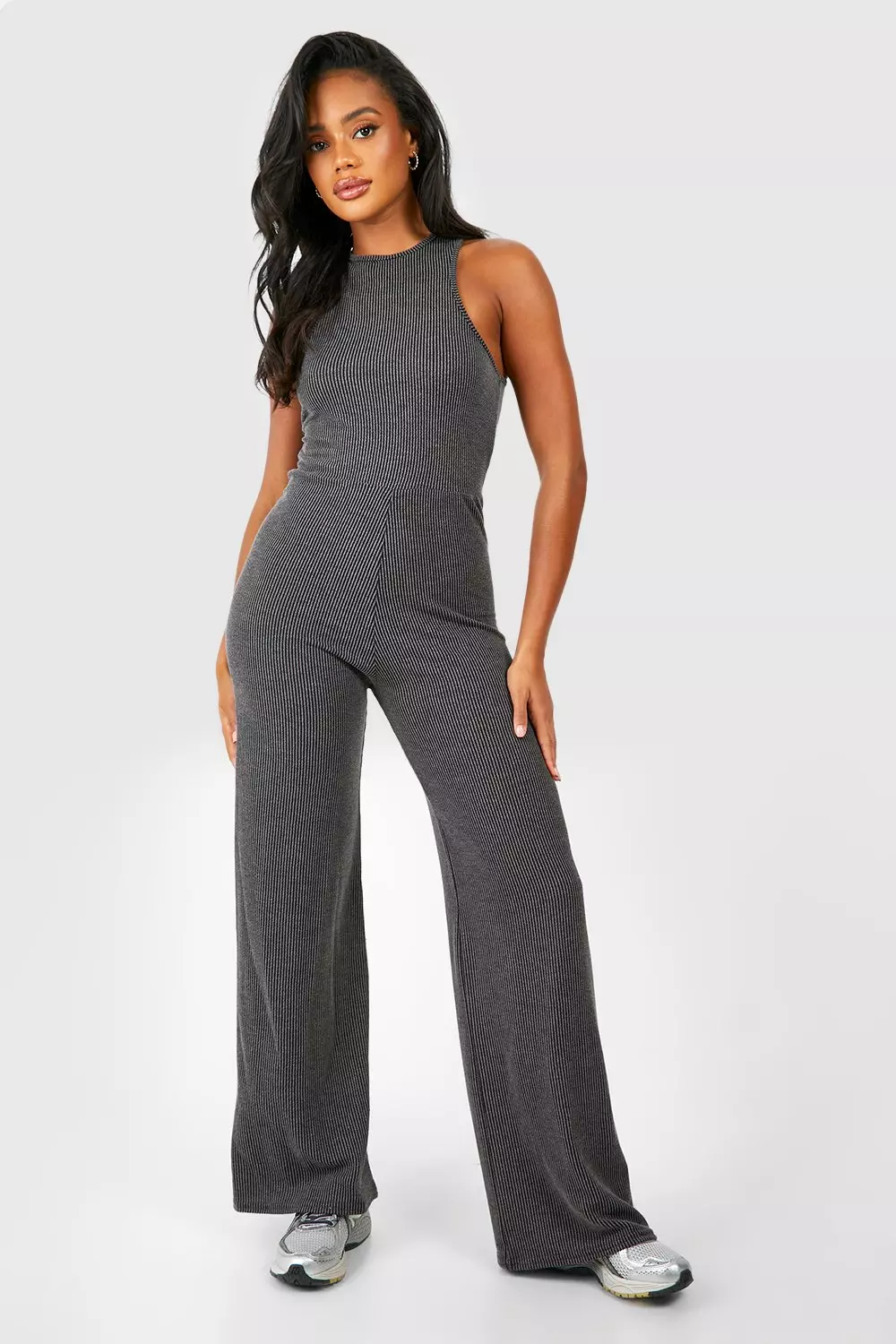 Black Washed Rib Racer Wide Leg Jumpsuit صورة بديلة