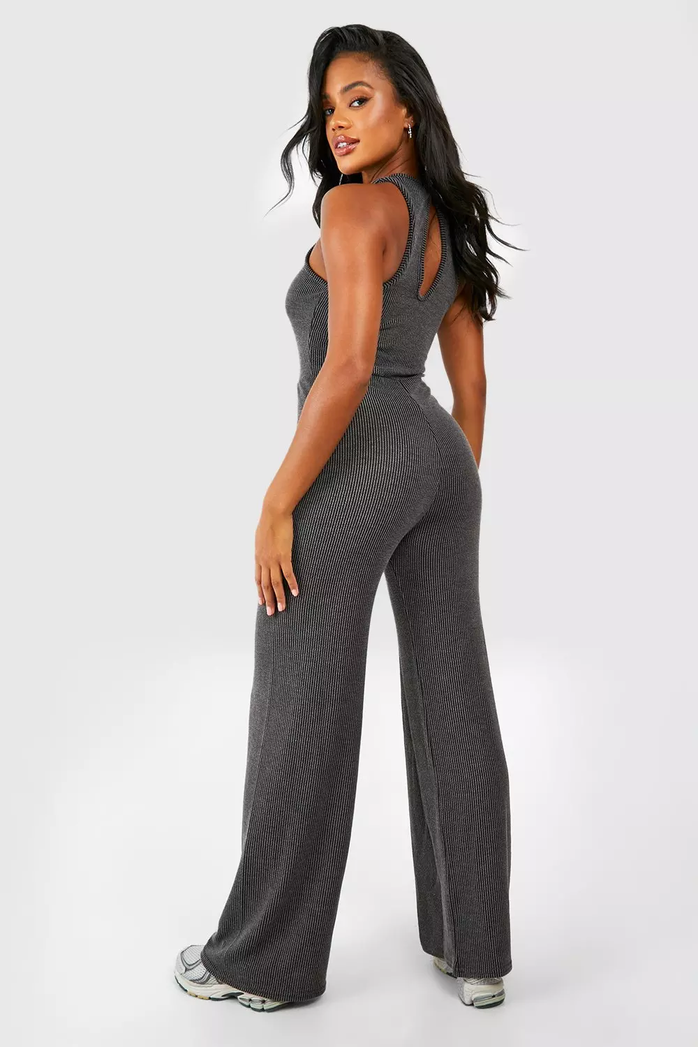 Black Washed Rib Racer Wide Leg Jumpsuit صورة بديلة