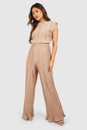 Champagne Beige Wide Plisse Ruched Shoulder Wide Leg Jumpsuit