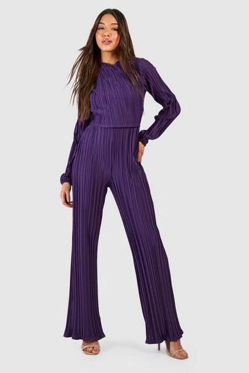 Purple Wide Plisse Drape Neck Wide Leg Jumpsuit