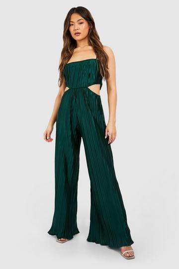 Wide Plisse Cut Out Wide Leg Jumpsuit dark green