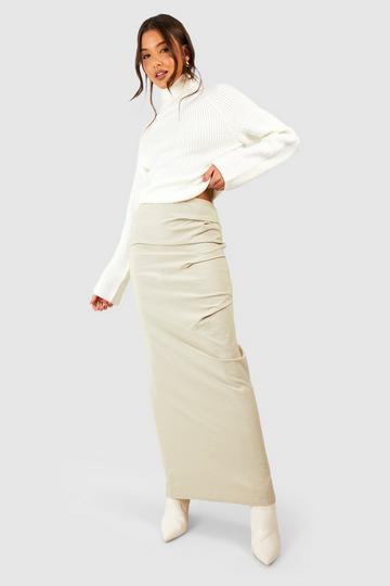 Stone Beige Bengaline Ruched Maxi Skirt