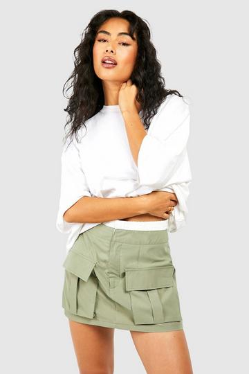 Khaki Boxer Waistband Cargo Mini Skirt