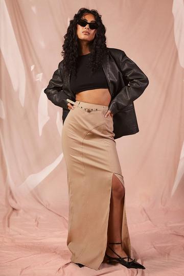 Stone Beige Belted Seam Detail Maxi Skirt