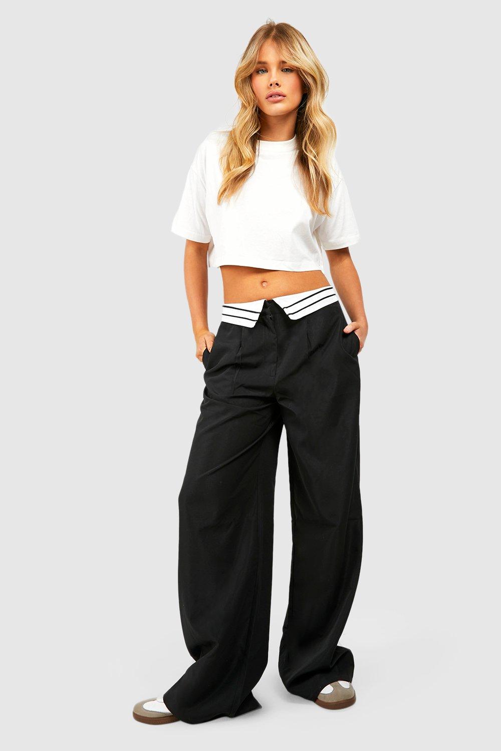 Folded Stripe Waistband Trousers | boohoo