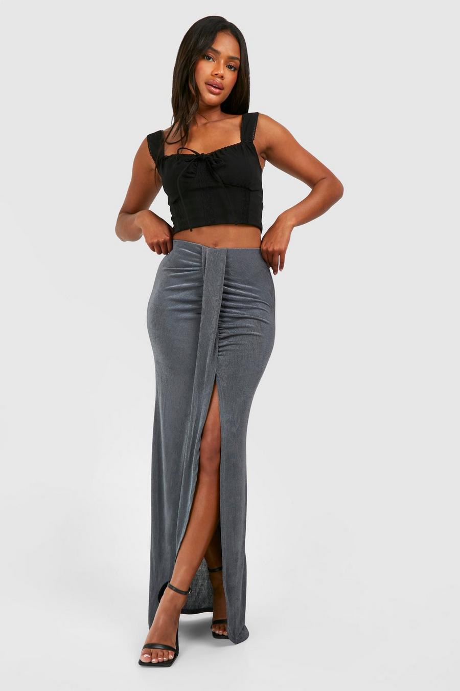 Charcoal Acetate Slinky Drape Maxi Skirt 