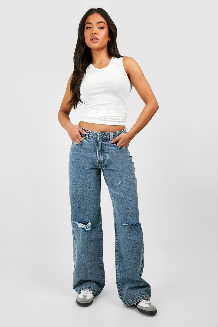 Vintage wash Petite Basic Boyfriend jeans med slitna knän image number 1