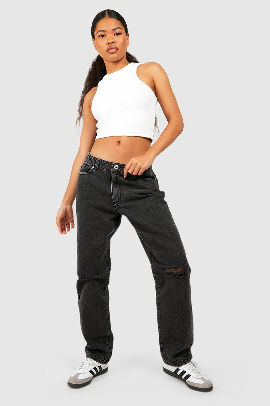 Petite Basics Jeans mit geradem Bein und Riss am Knie, Washed black image number 1
