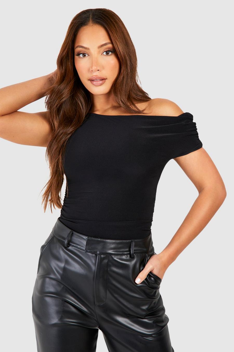 Black Tall Premium Soft Touch Ruched Asymetric Top image number 1