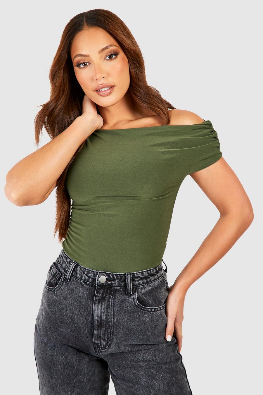 Khaki Tall Premium Soft Touch Ruched Asymetric Top image number 1