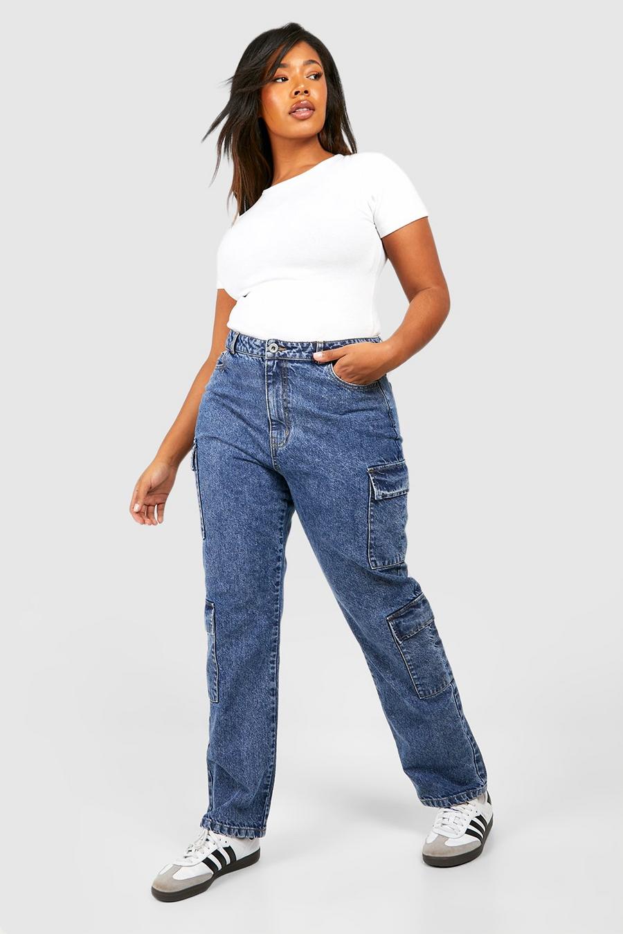 Jeans Cargo Plus Size Basic Slim Fit, Acid wash dark blue