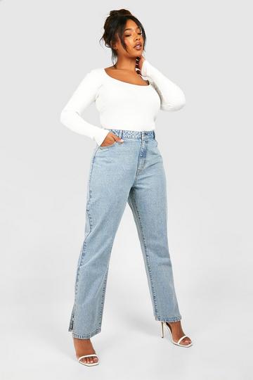 Plus Basic Jeans Met Split En Rechte Pijpen light blue