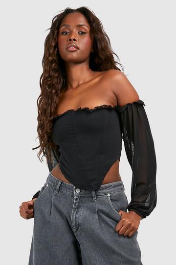 Black Bengaline Mesh Detail Top