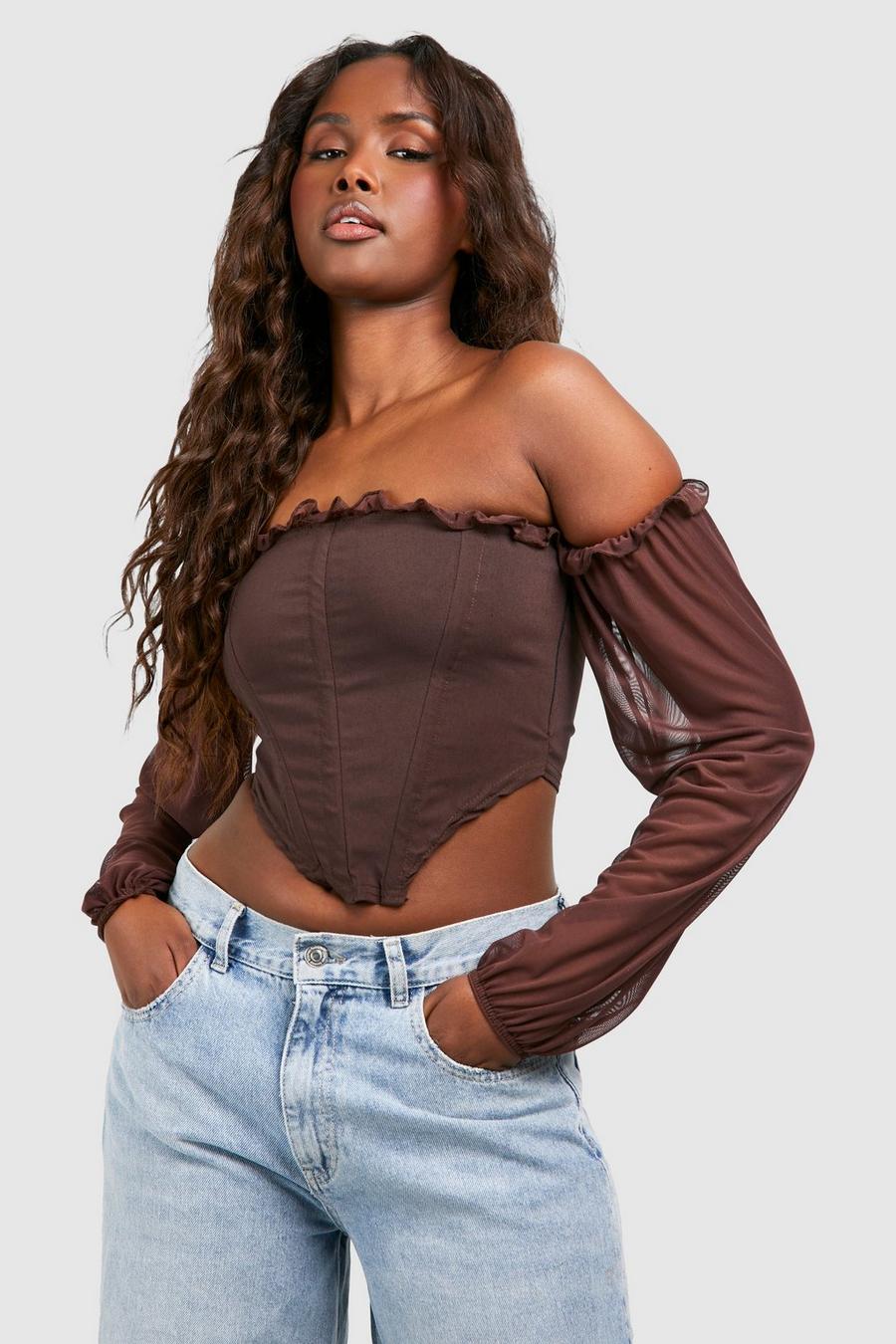Douhoow Women Crop Top Mesh Sleeve T-Shirt Hollow Out Transparent Tops 
