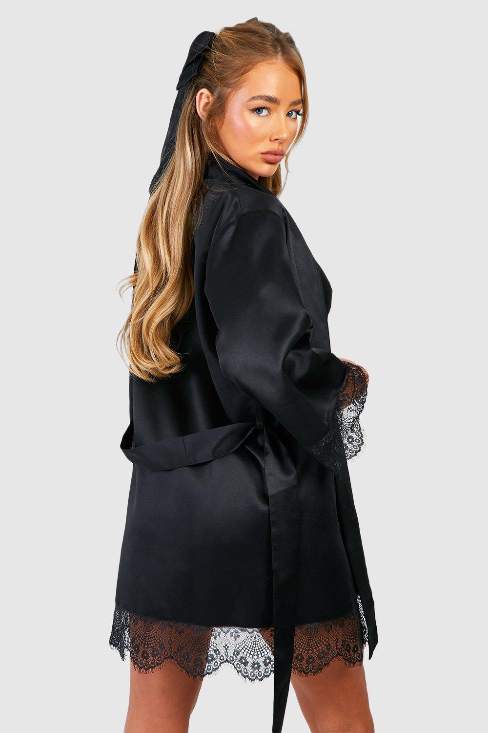 Black Lace Trim Satin Robe