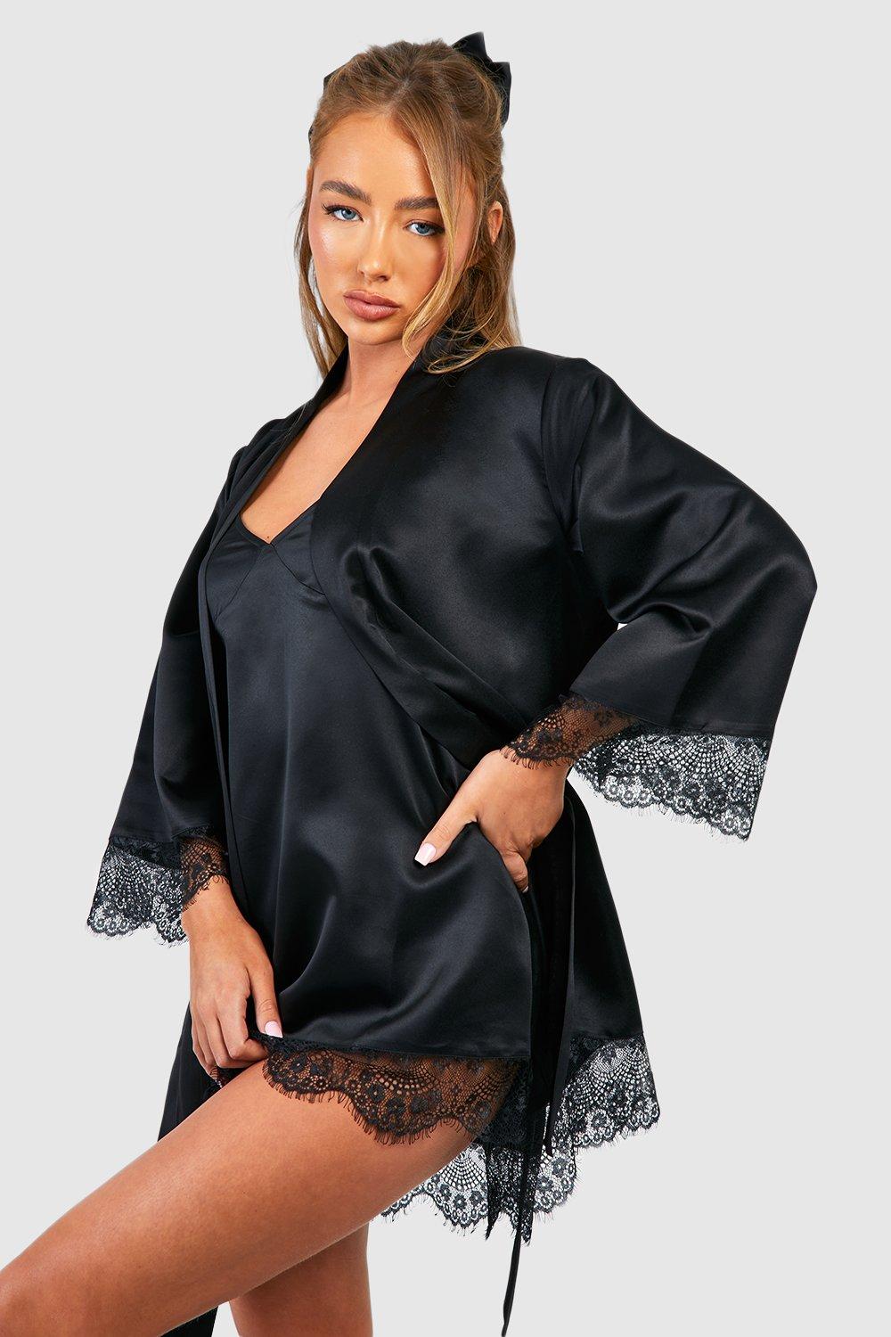 Black Lace Trim Satin Robe