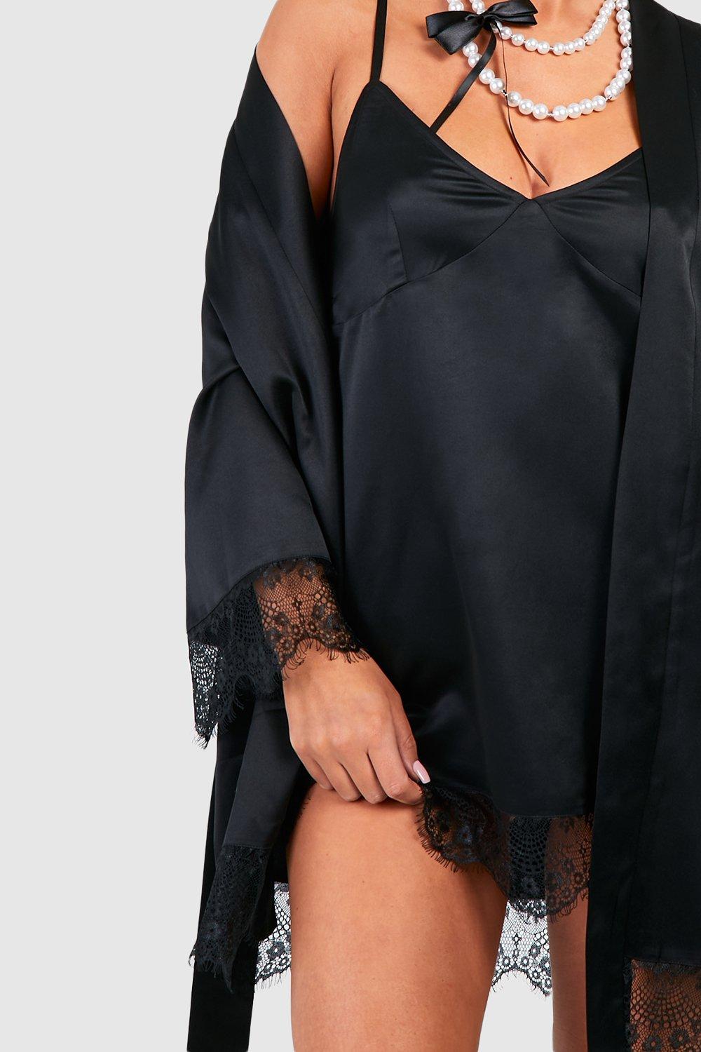 Satin Lace Trimmed Slip and Robe Set