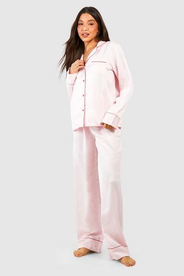 Contrast Pipe Button Front Pajama Set pink