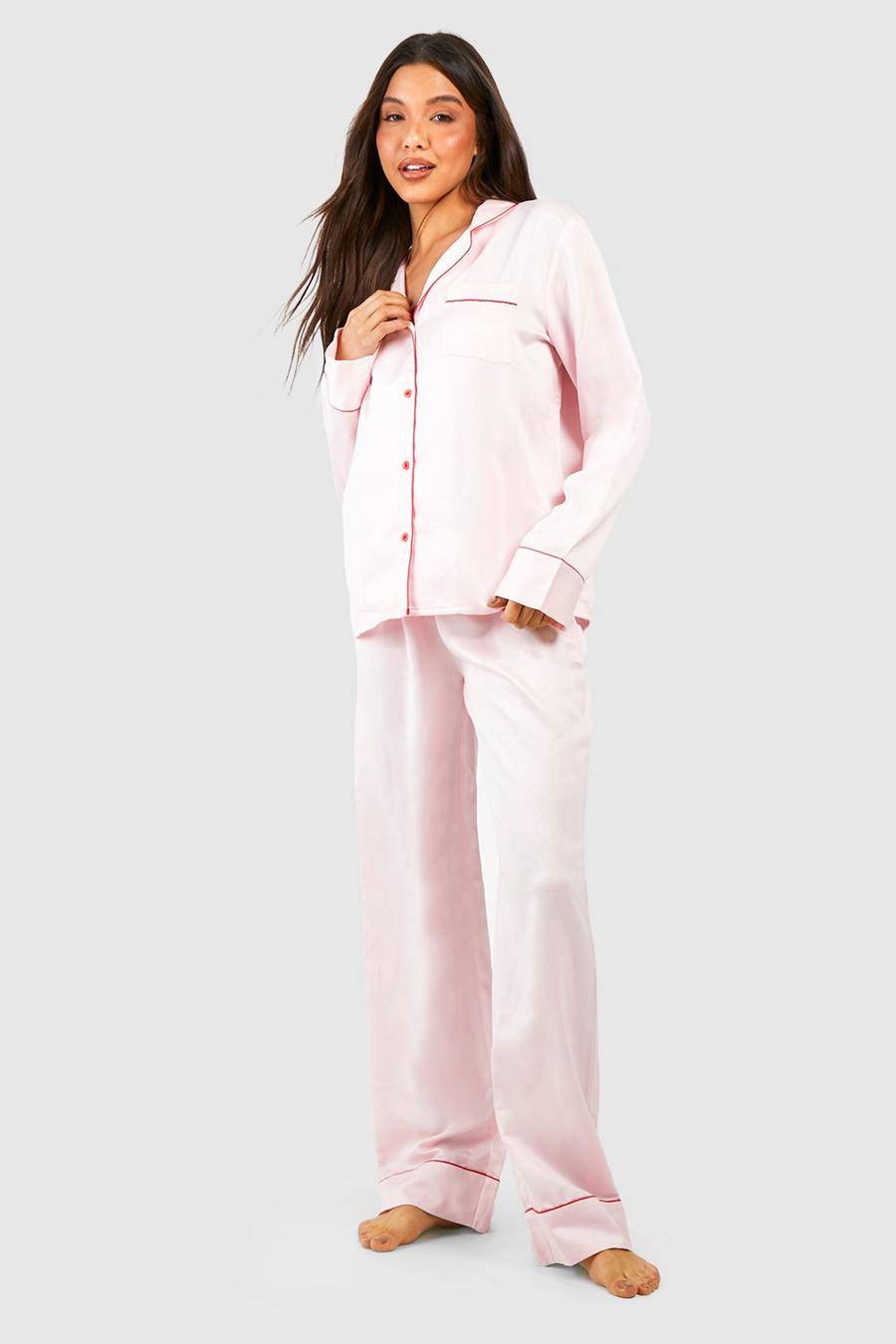 Pink Contrast Pipe Button Front Pajama Set image number 1
