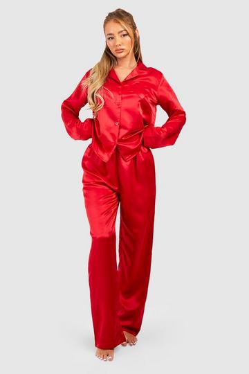 Heart Detail Pocket Button Front Shirt & Trousers Pyjama Set red