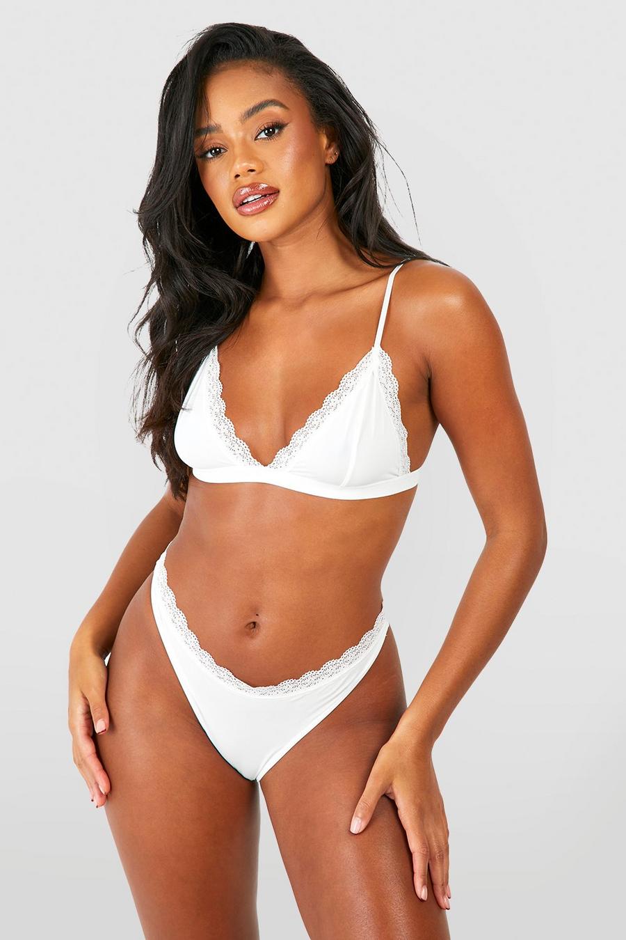 White Lace Trim Seamless Bralet And Brief Set  image number 1