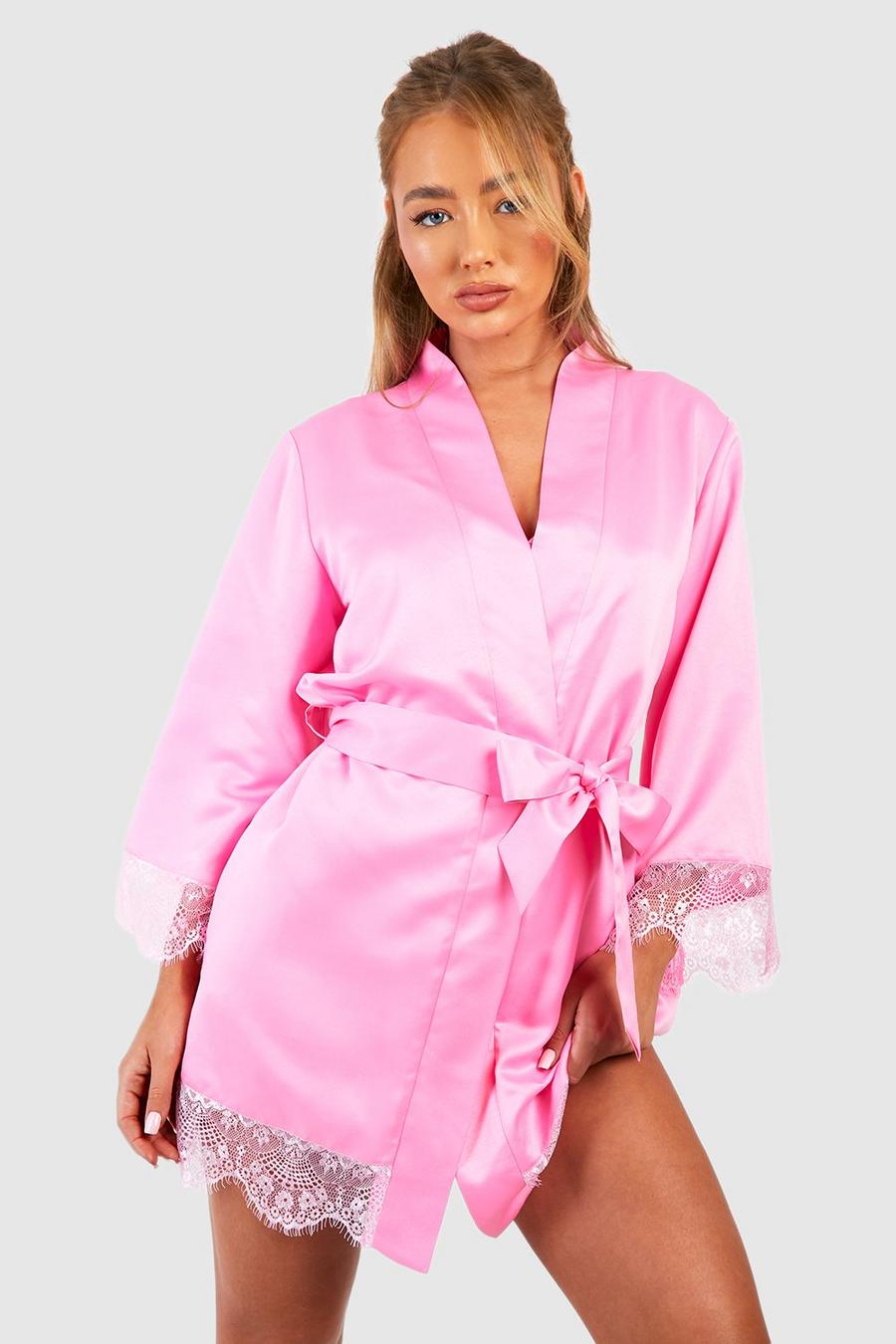 Pink Satin Lace Trim Robe image number 1