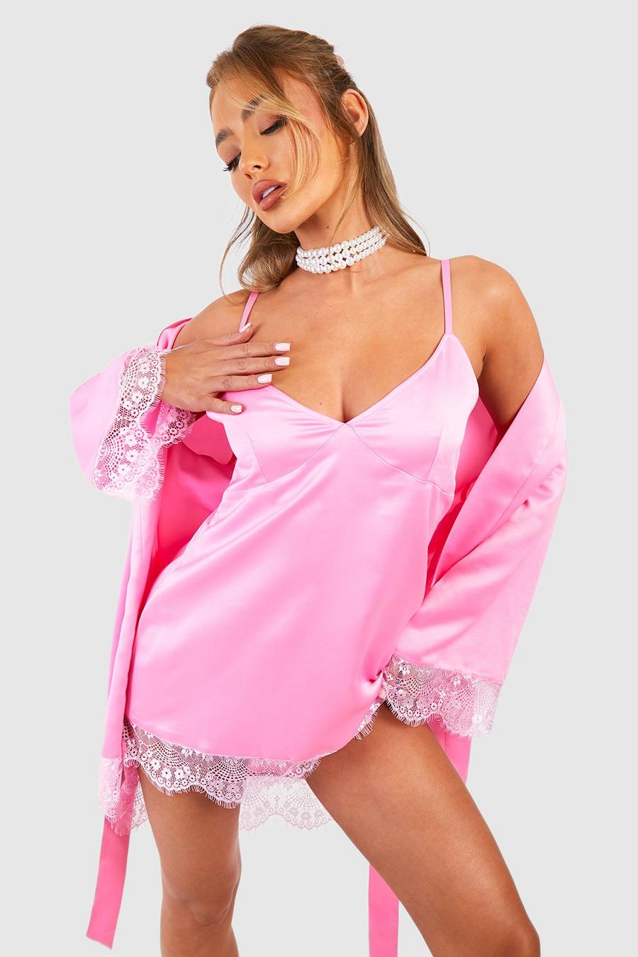 Pink Satin Lace Trim Night Dress image number 1