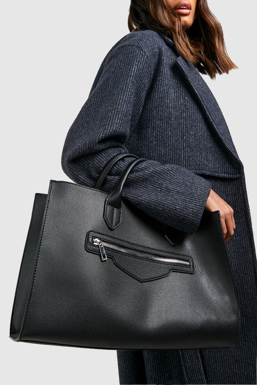 Black Structured Zip Tote Bag