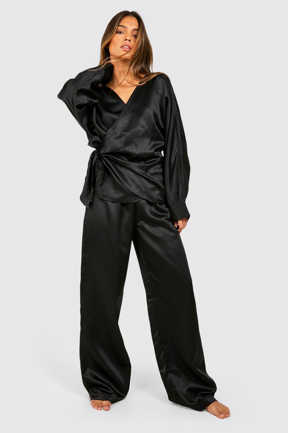 Satin black pajama cheap set