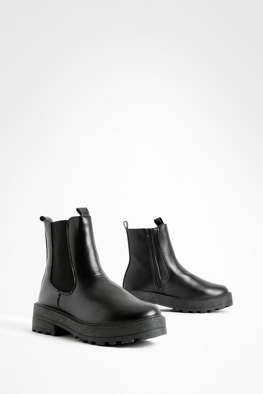 Black Double Tab Detail Chunky Chelsea Boots