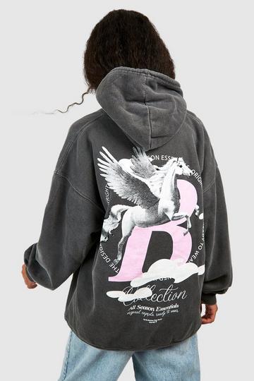 Petite Unicorn Back Print Acid Washed Hoodie grey