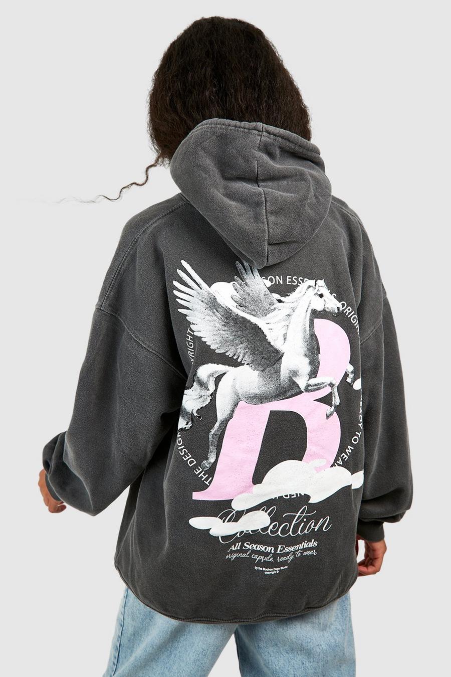 Sudadera Petite desteñida con capucha y estampado de unicornio en la espalda, Grey image number 1