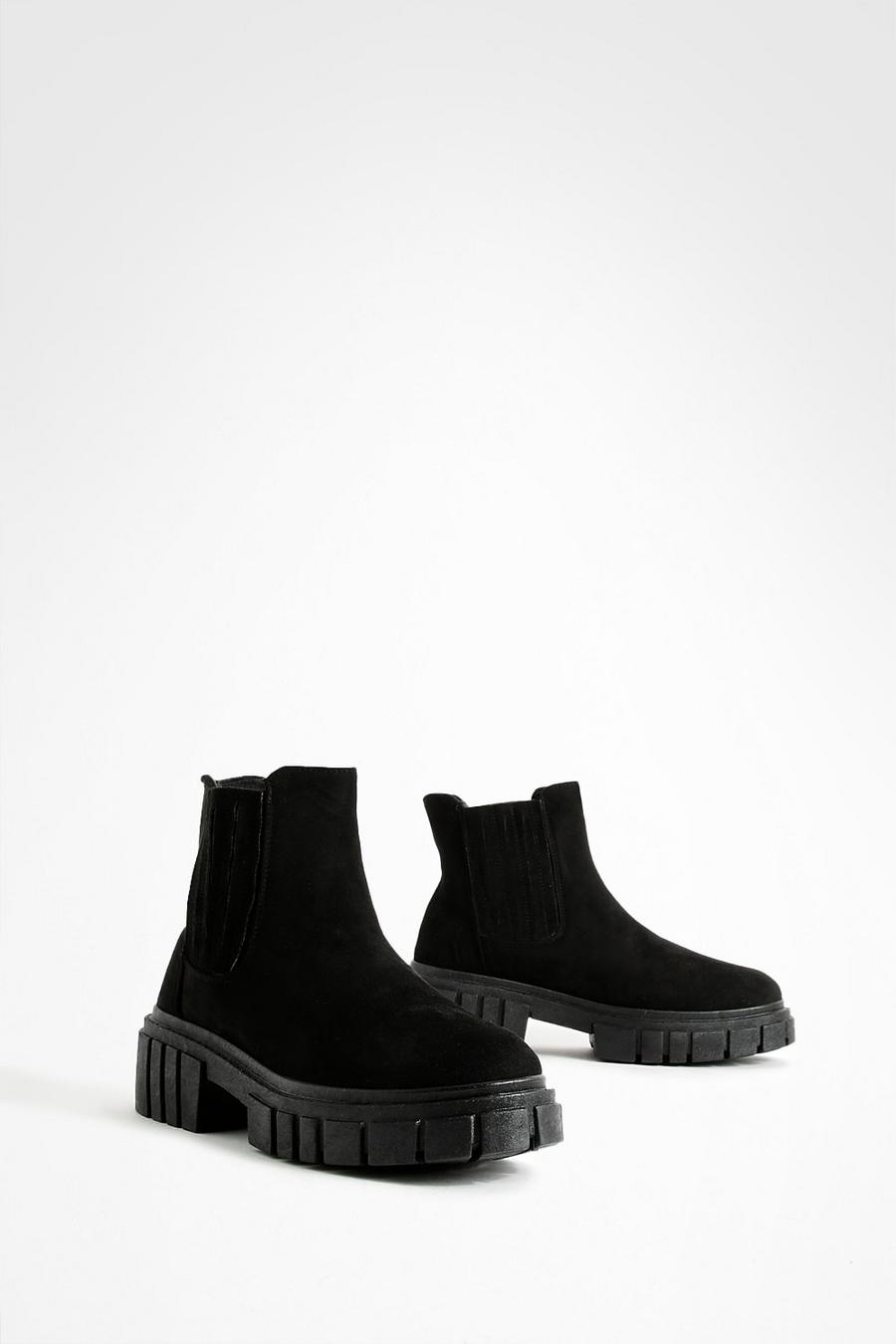 Black Wide Fit Covered Elastic Chunky Chelsea Boots