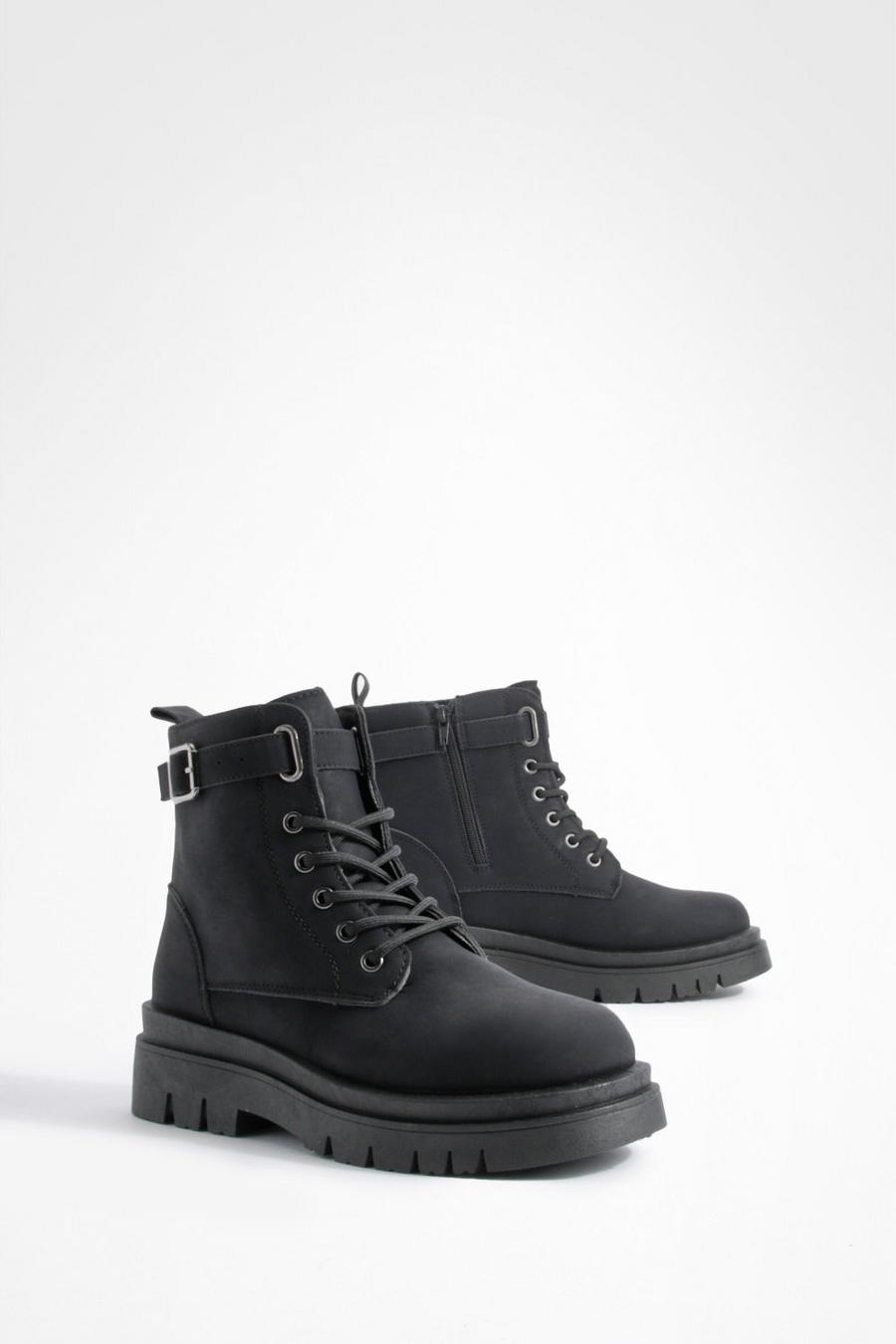 Buckle Detail Lace Up Hiker Boots | Boohoo UK